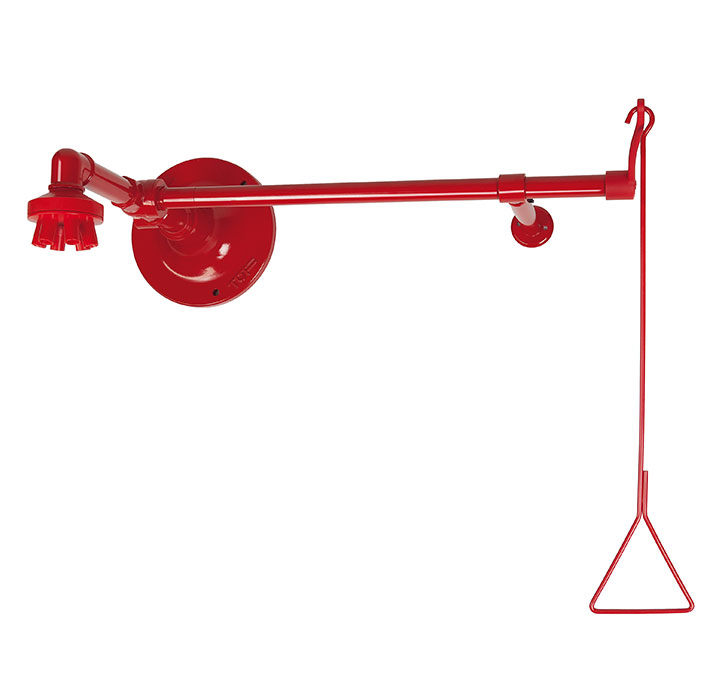 Wall-mounted emergency shower with valve and base