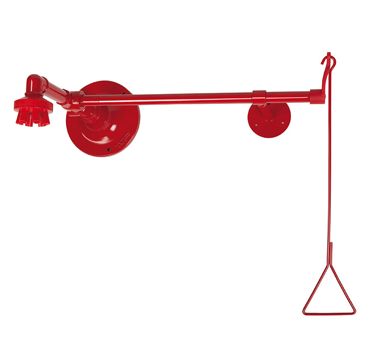Wall-mounted emergency shower with valve and base