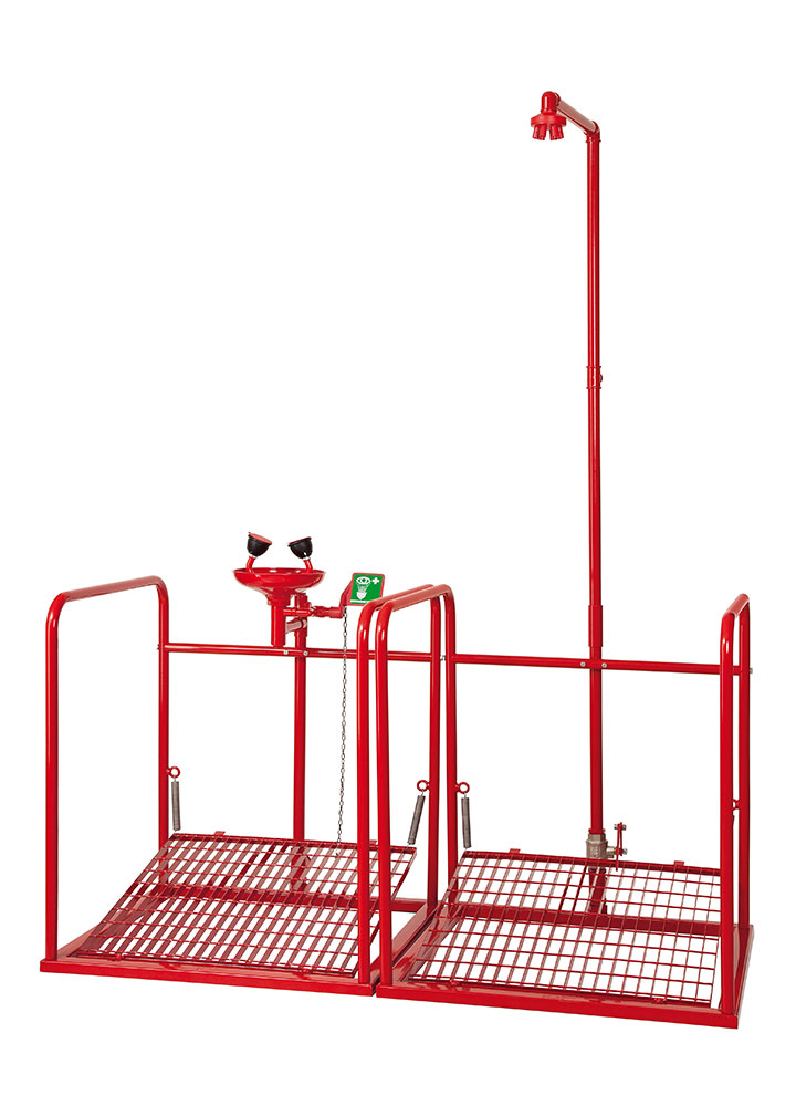 Emergency shower and eye-washer with platforms side-by-side